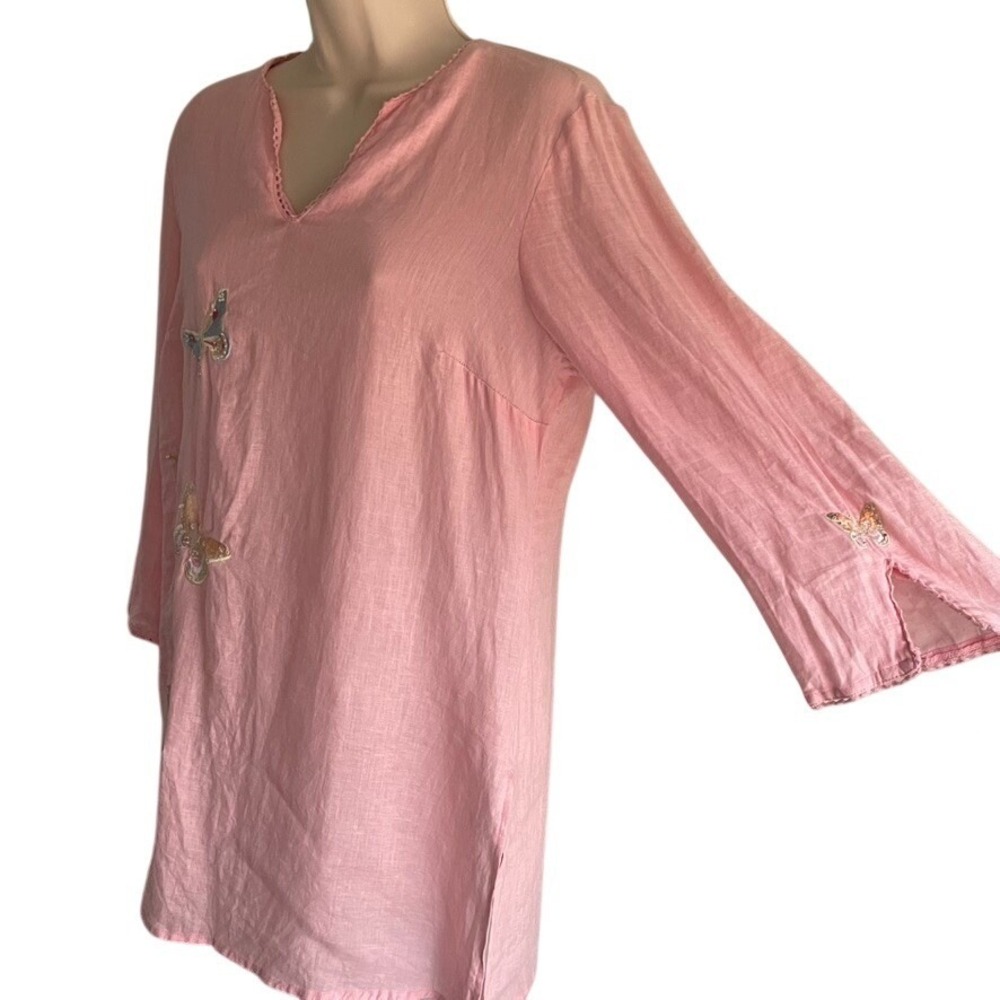 Alexandra Bartlett Linen Tunic Top Pink Embroidered Butterfly Resort Boho L - Picture 5 of 9